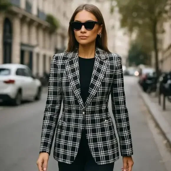 Veronica Beard Lyda Dickey Blazer Plaid Black White Designer Jacket Size 8 - Picture 2 of 16